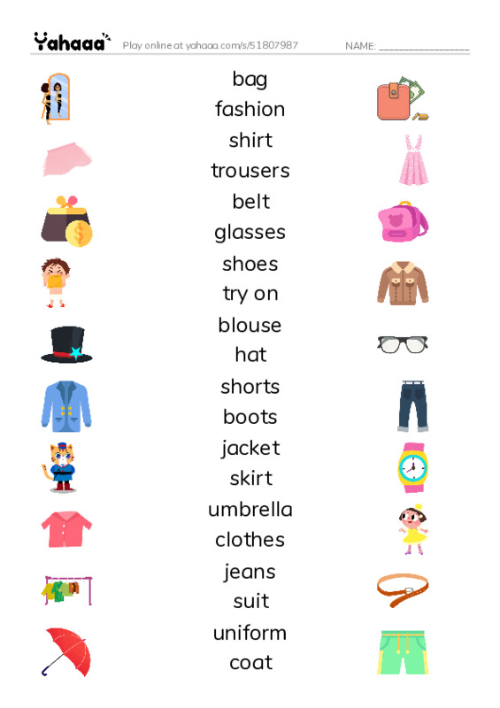 KET Vocabulary: Clothes and Accessories PDF three columns match words