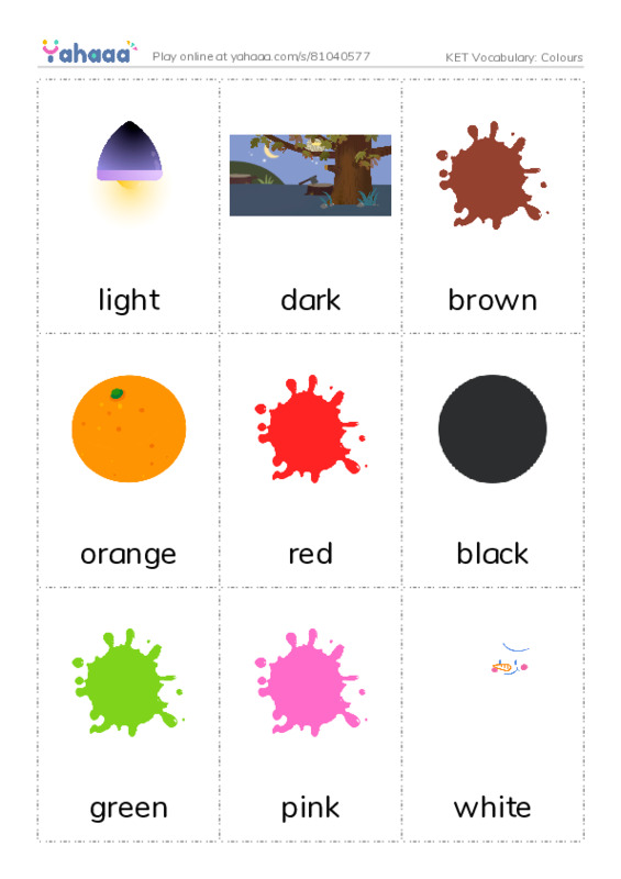 KET Vocabulary: Colours PDF flaschards with images