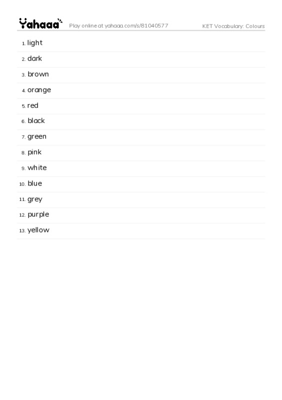 KET Vocabulary: Colours PDF words glossary
