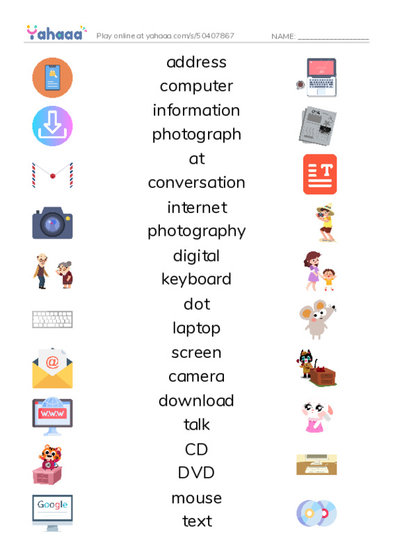 KET Vocabulary: Communication and Technology PDF three columns match words