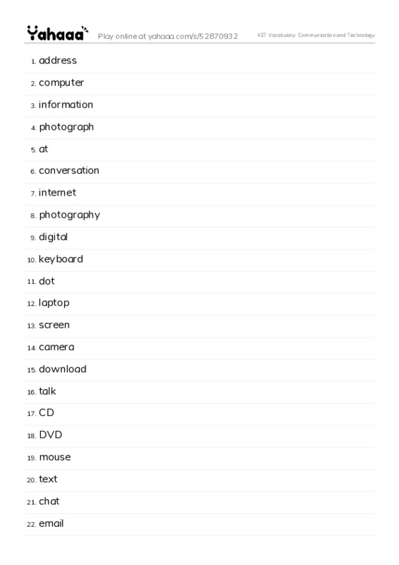 KET Vocabulary: Communication and Technology PDF words glossary