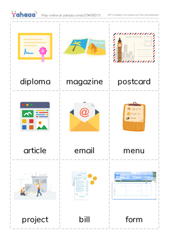 KET Vocabulary: Documents and Texts advertisement PDF flaschards with images
