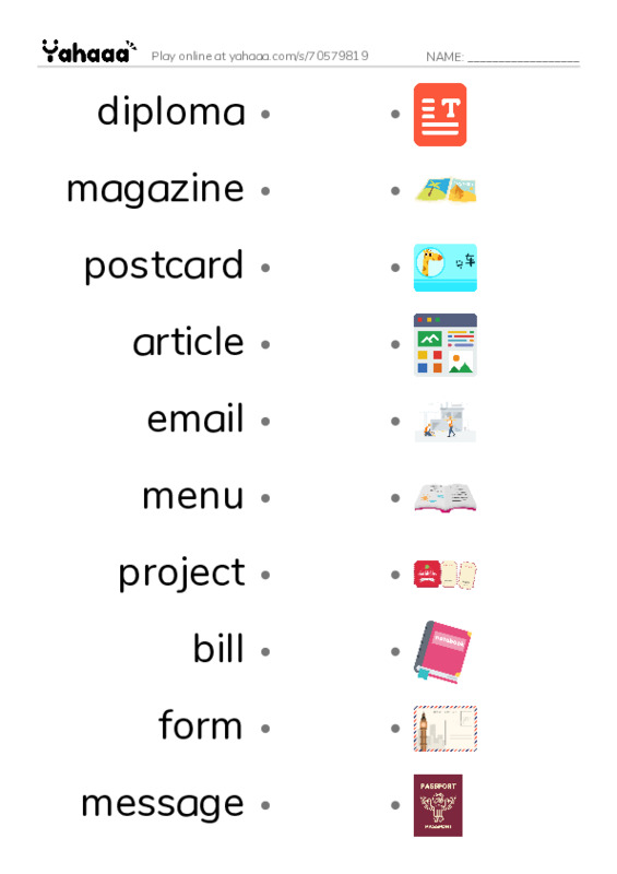 KET Vocabulary: Documents and Texts advertisement PDF link match words worksheet