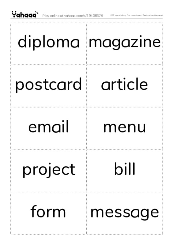 KET Vocabulary: Documents and Texts advertisement PDF two columns flashcards