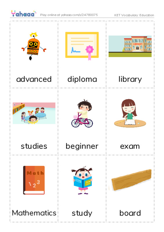 KET Vocabulary: Education PDF flaschards with images