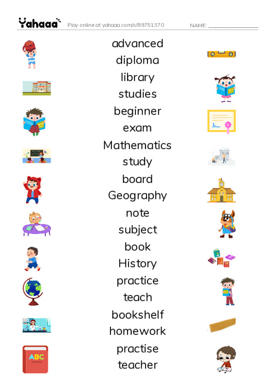 KET Vocabulary: Education PDF three columns match words