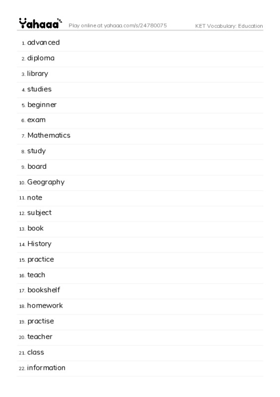 KET Vocabulary: Education PDF words glossary