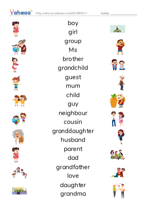 KET Vocabulary: Family and Friends PDF three columns match words