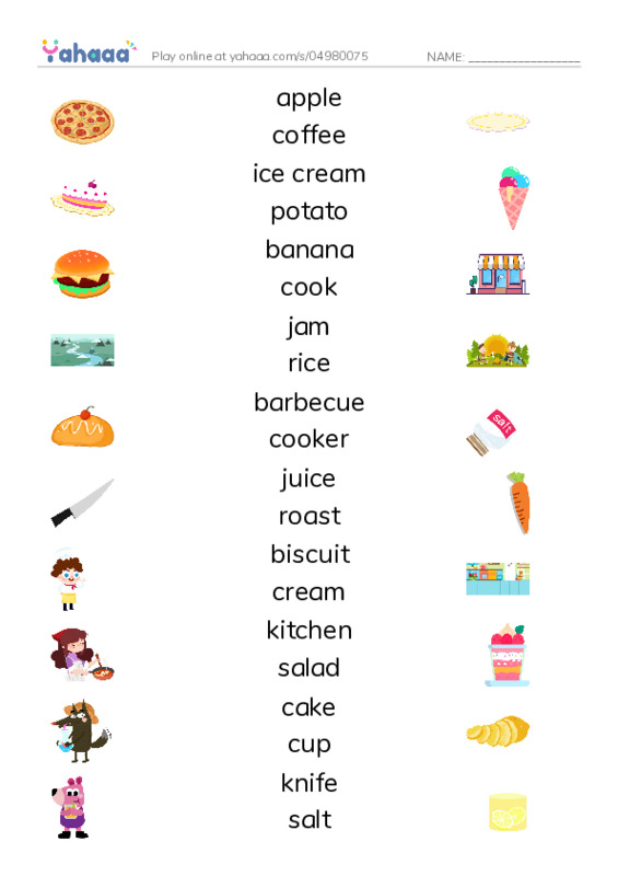 KET Vocabulary: Food and Drink PDF three columns match words