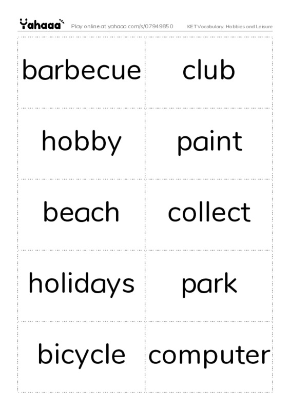 KET Vocabulary: Hobbies and Leisure PDF two columns flashcards