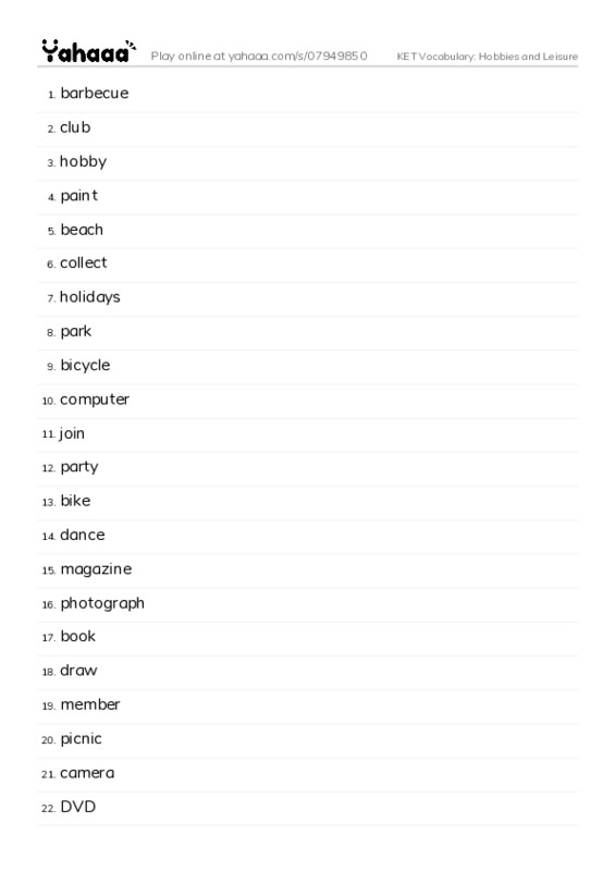 KET Vocabulary: Hobbies and Leisure PDF words glossary