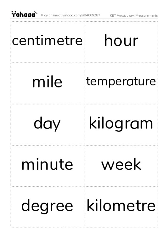 KET Vocabulary: Measurements PDF two columns flashcards