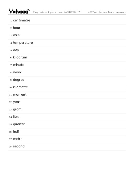 KET Vocabulary: Measurements PDF words glossary