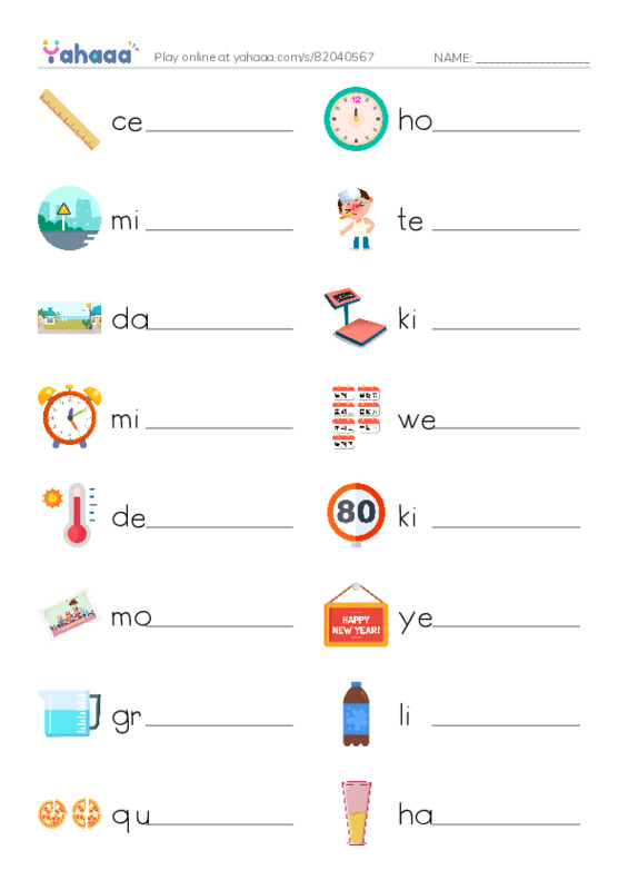 KET Vocabulary: Measurements PDF worksheet writing row