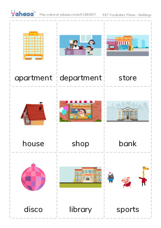 KET Vocabulary: Places - Buildings PDF flaschards with images
