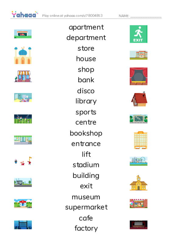 KET Vocabulary: Places - Buildings PDF three columns match words