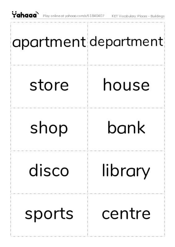 KET Vocabulary: Places - Buildings PDF two columns flashcards