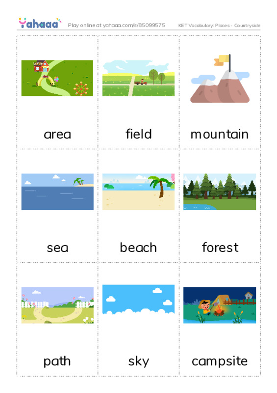 KET Vocabulary: Places - Countryside PDF flaschards with images