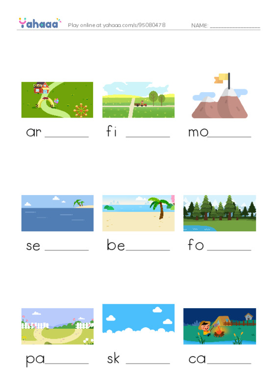 KET Vocabulary: Places - Countryside PDF worksheet to fill in words gaps