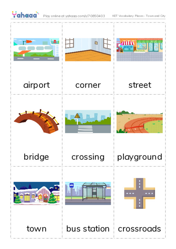 KET Vocabulary: Places - Town and City PDF flaschards with images
