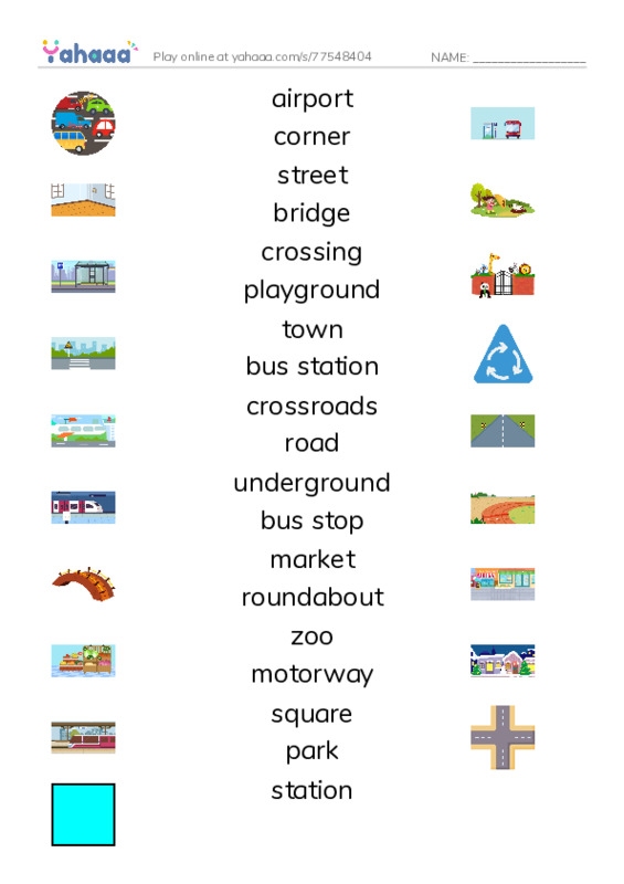 KET Vocabulary: Places - Town and City PDF three columns match words