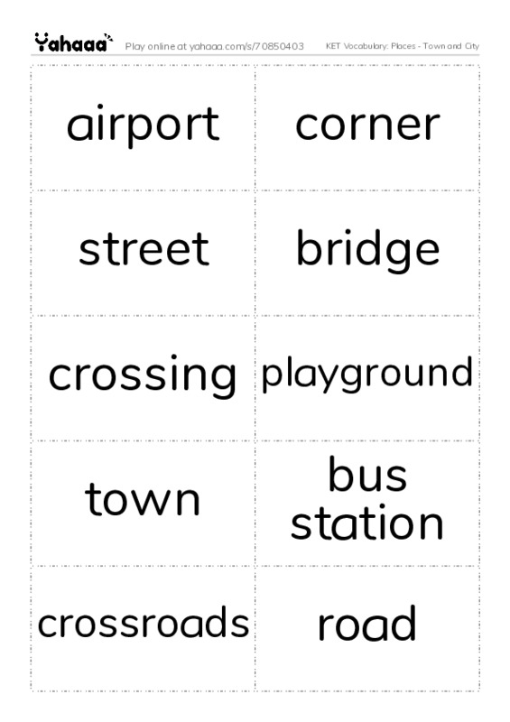 KET Vocabulary: Places - Town and City PDF two columns flashcards