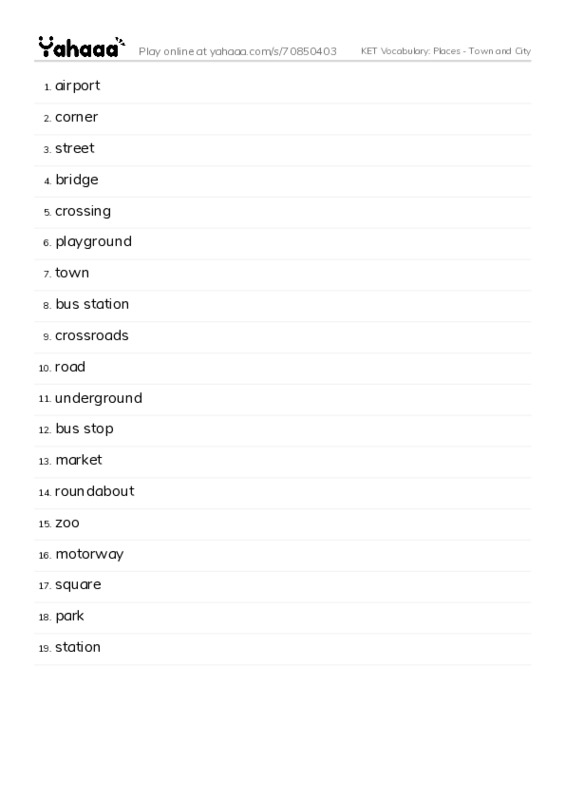 KET Vocabulary: Places - Town and City PDF words glossary