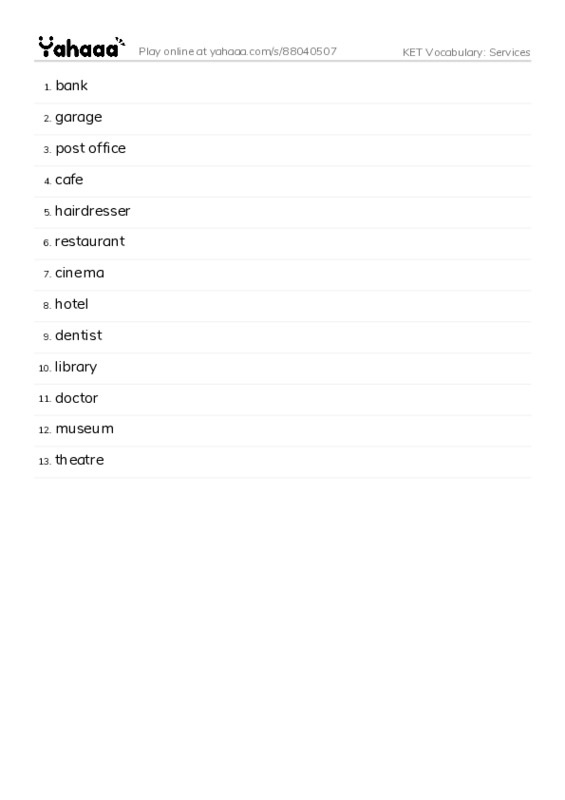 KET Vocabulary: Services PDF words glossary