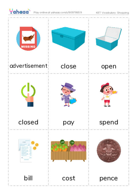 KET Vocabulary: Shopping PDF flaschards with images