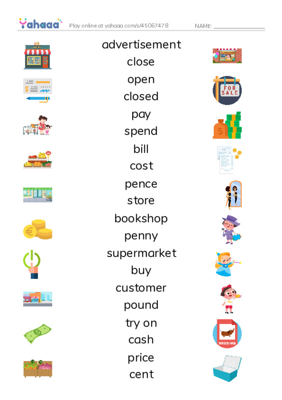 KET Vocabulary: Shopping PDF three columns match words