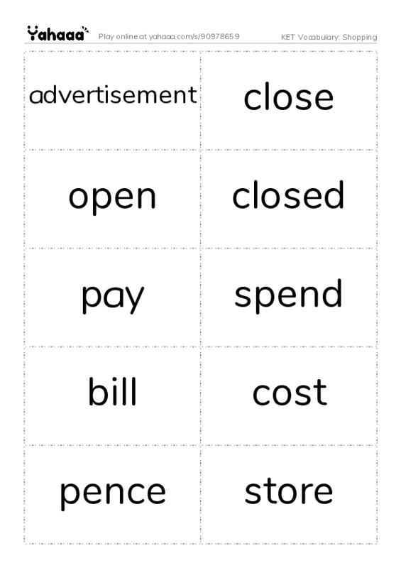 KET Vocabulary: Shopping PDF two columns flashcards