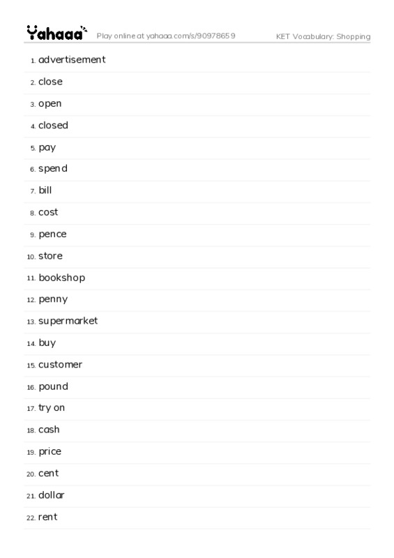 KET Vocabulary: Shopping PDF words glossary