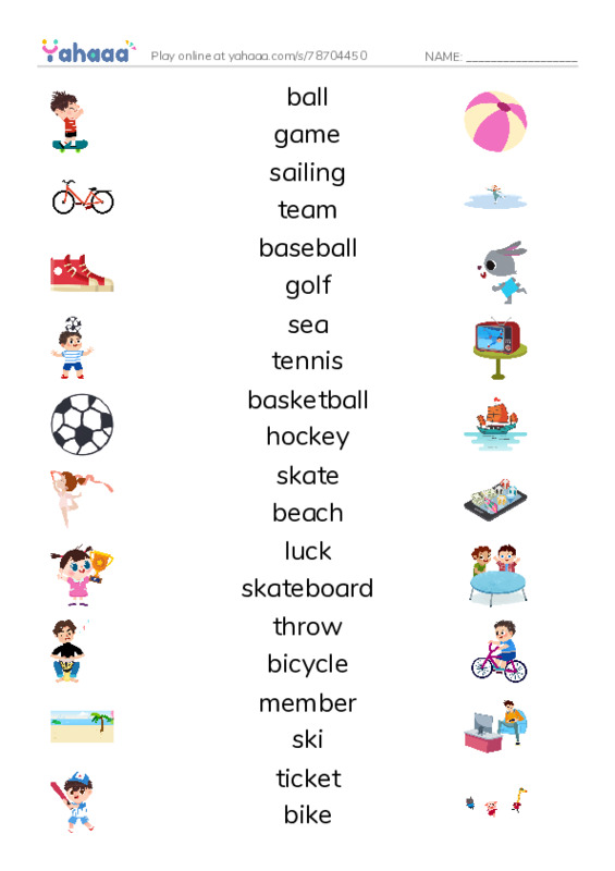 KET Vocabulary: Sport PDF three columns match words