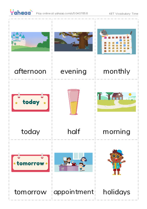 KET Vocabulary: Time PDF flaschards with images