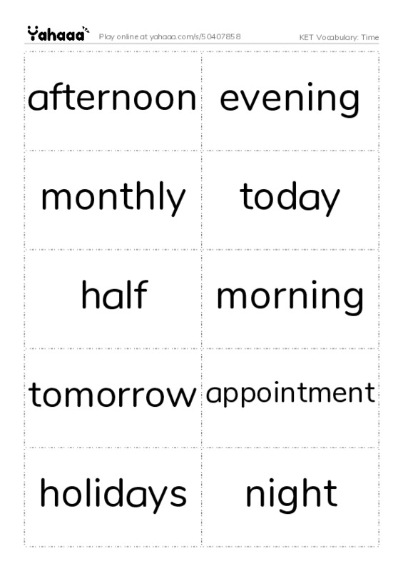 KET Vocabulary: Time PDF two columns flashcards