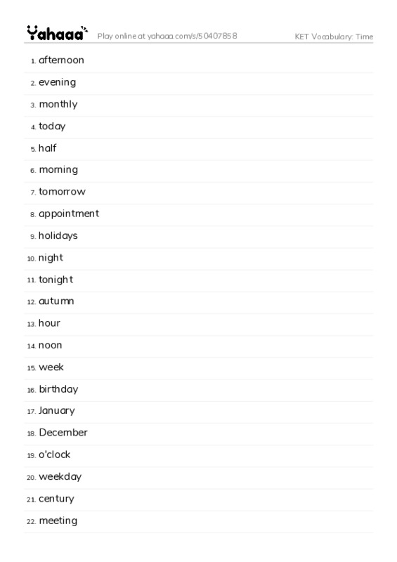 KET Vocabulary: Time PDF words glossary