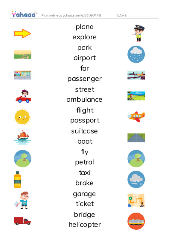 KET Vocabulary: Travel and Transport PDF three columns match words