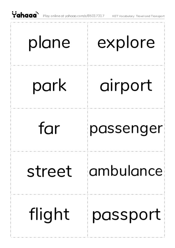 KET Vocabulary: Travel and Transport PDF two columns flashcards
