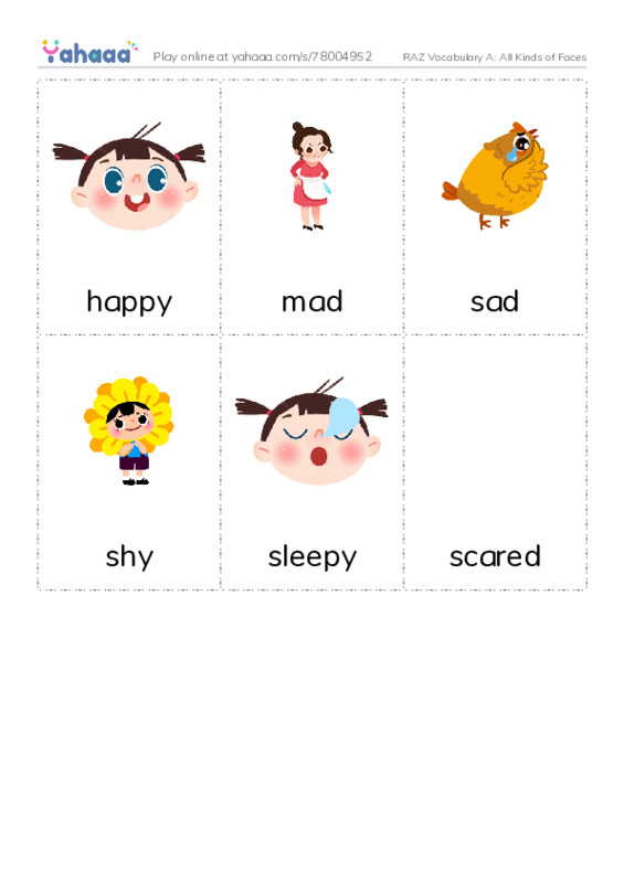 RAZ Vocabulary A: All Kinds of Faces PDF flaschards with images
