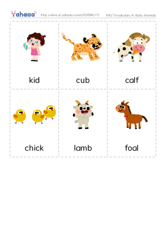 RAZ Vocabulary A: Baby Animals PDF flaschards with images