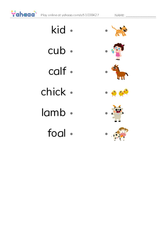 RAZ Vocabulary A: Baby Animals PDF link match words worksheet