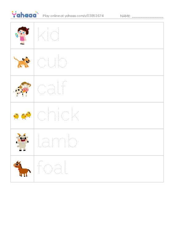 RAZ Vocabulary A: Baby Animals PDF one column image words