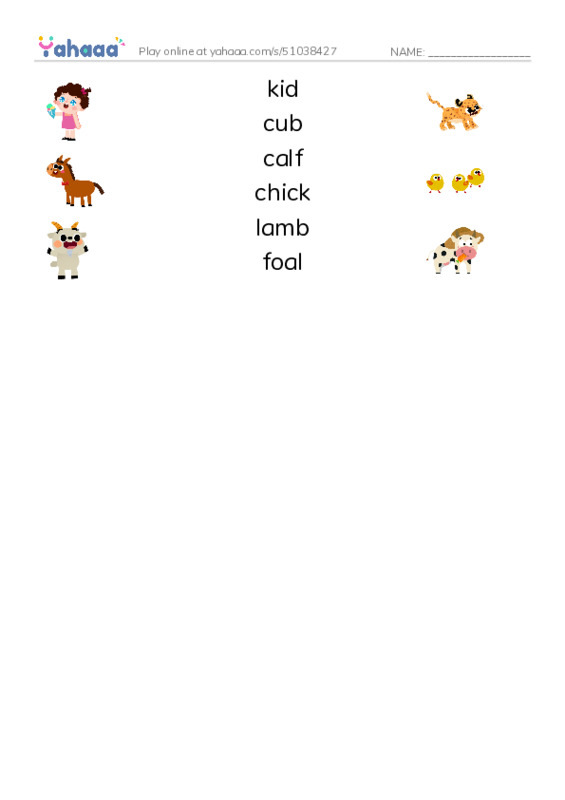 RAZ Vocabulary A: Baby Animals PDF three columns match words