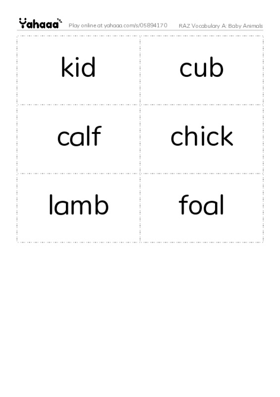 RAZ Vocabulary A: Baby Animals PDF two columns flashcards