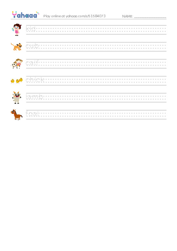 RAZ Vocabulary A: Baby Animals PDF write between the lines worksheet