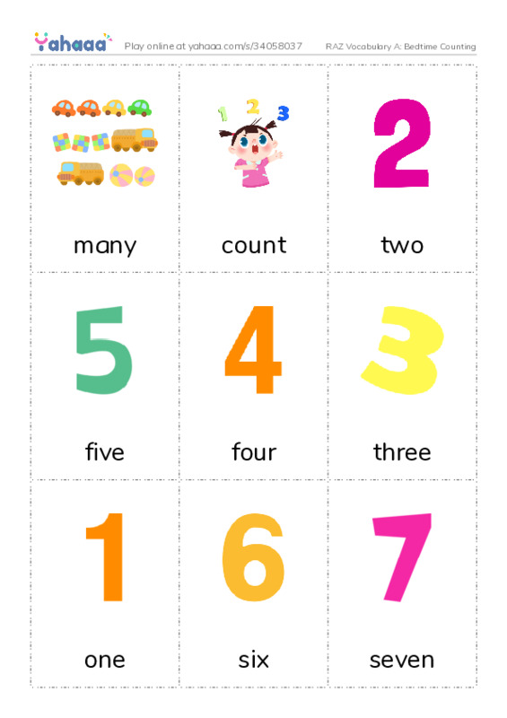 RAZ Vocabulary A: Bedtime Counting PDF flaschards with images