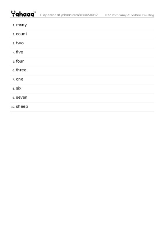 RAZ Vocabulary A: Bedtime Counting PDF words glossary