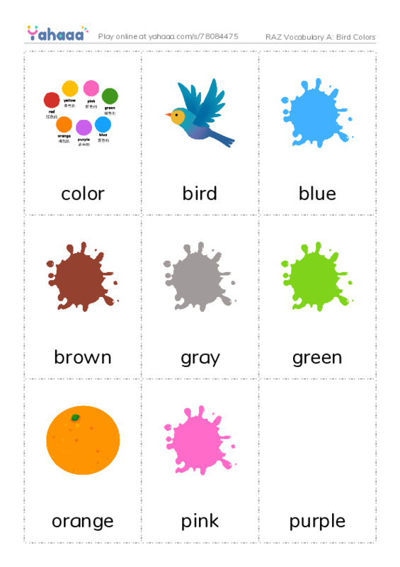 RAZ Vocabulary A: Bird Colors PDF flaschards with images