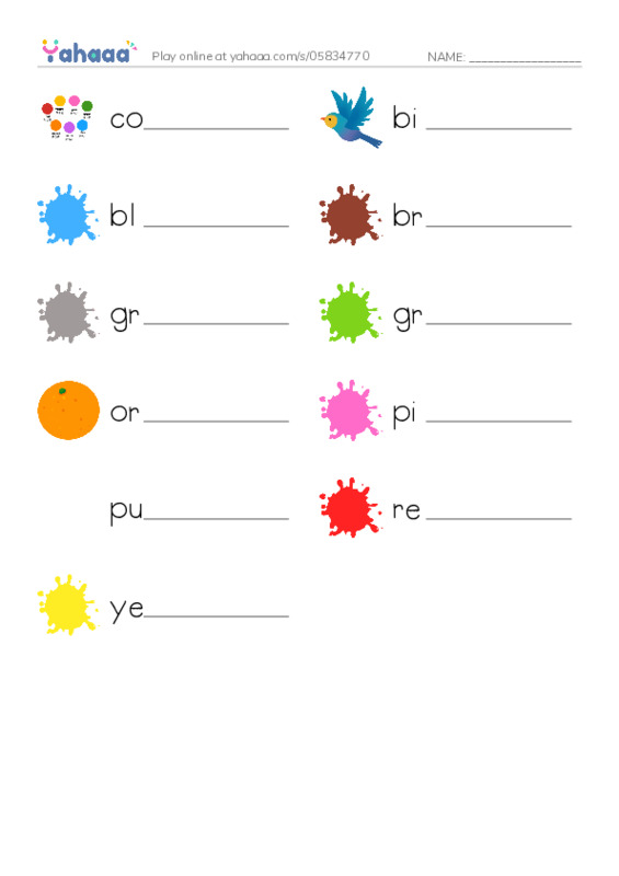 RAZ Vocabulary A: Bird Colors PDF worksheet writing row