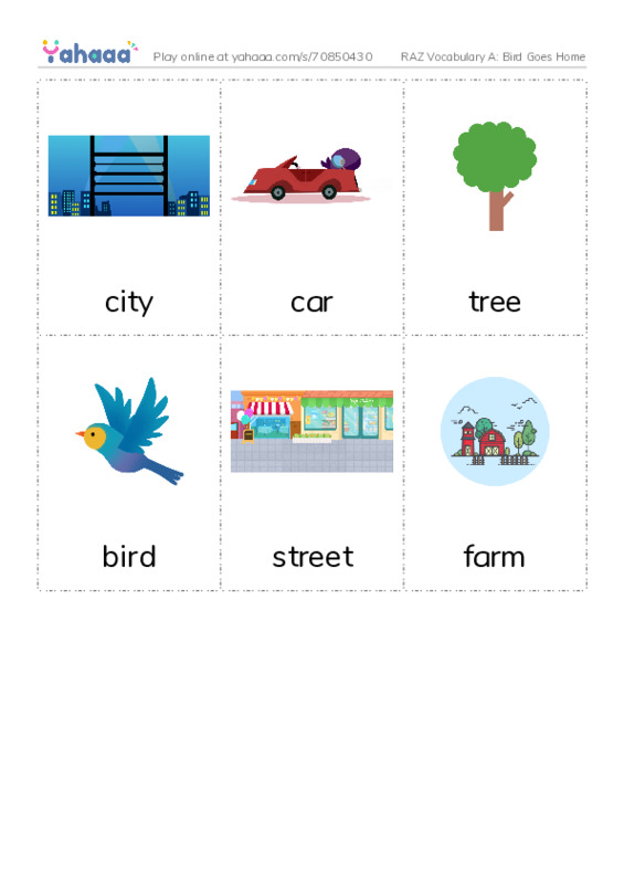 RAZ Vocabulary A: Bird Goes Home PDF flaschards with images